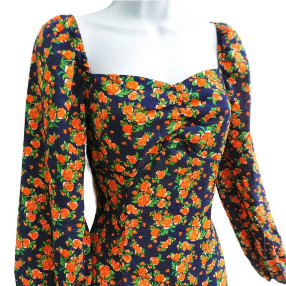 NEW Missguided Milkmaid Midi Black Dress Orange Roses Sweetheart Thigh Slit 4